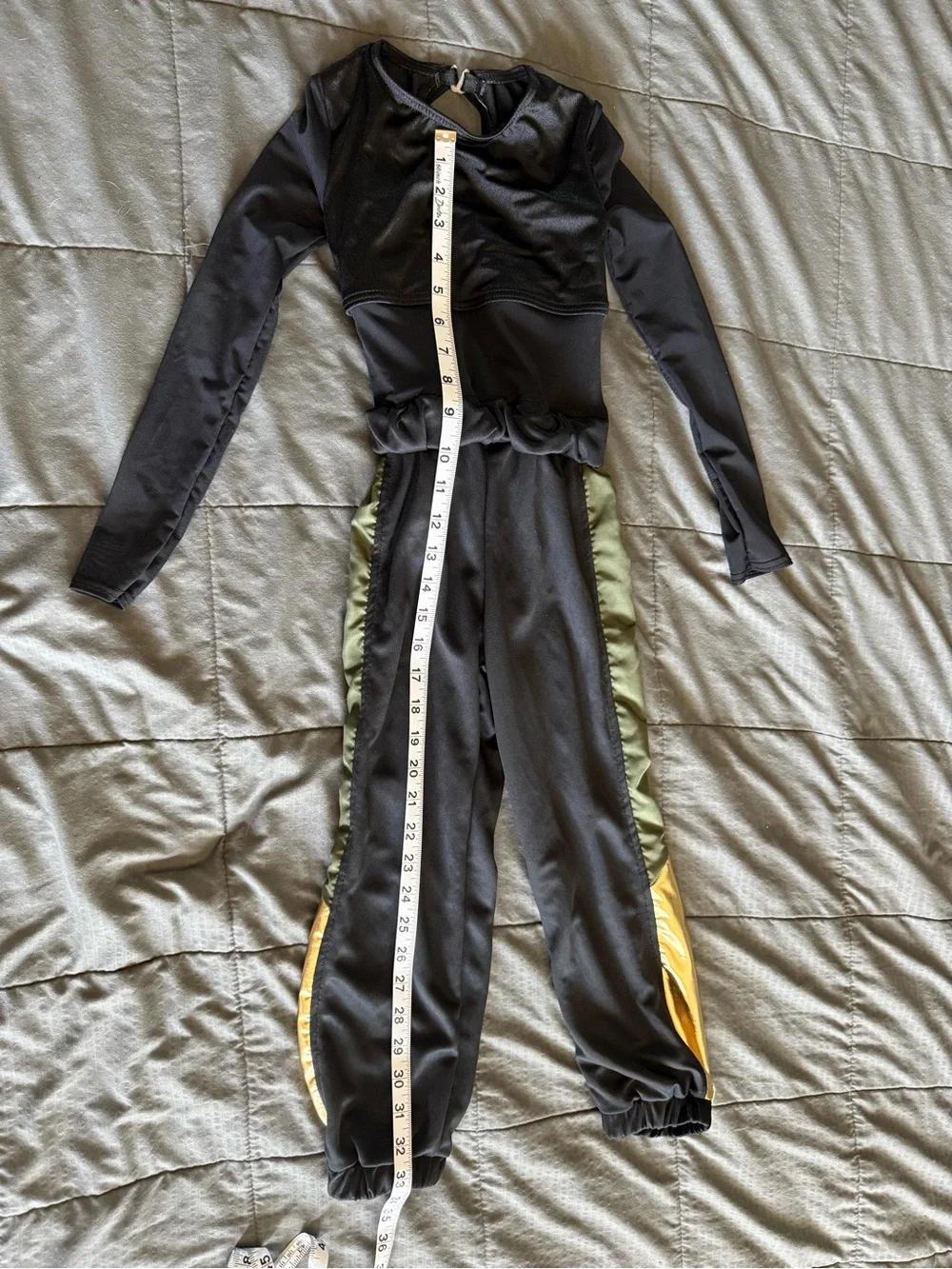 Weissman Black Jumpsuit with Olive Panels and Gold Accents